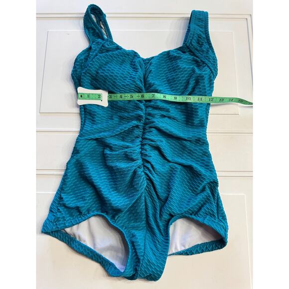 Maxine of Hollywood Textured Front Ruched One Piece Swimsuit Blue Size 6 - Picture 2 of 4